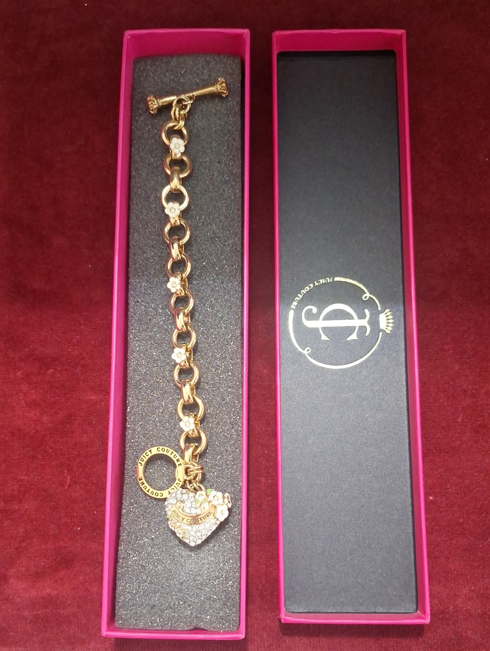 Juicy Couture Gold Tone and Crystal Heart Charm Link Bracelet